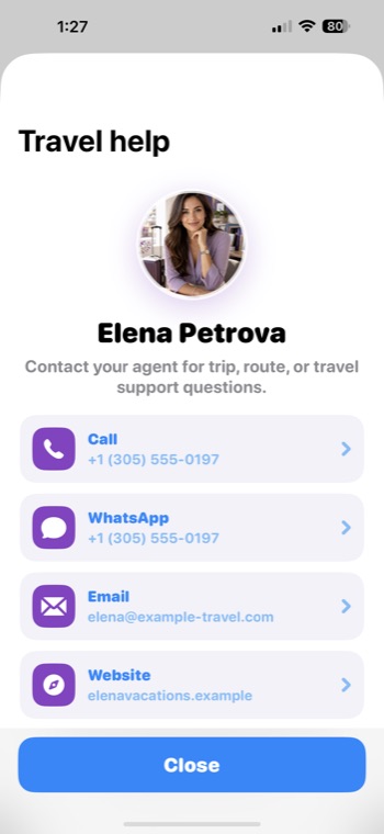 Elena help and contact screen