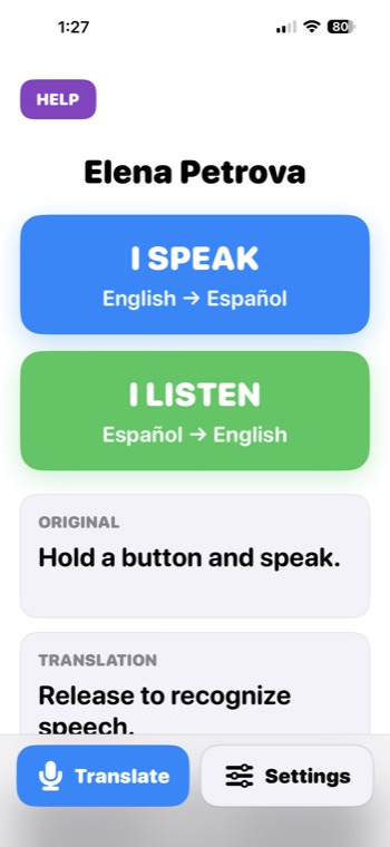 Elena branded translator home screen