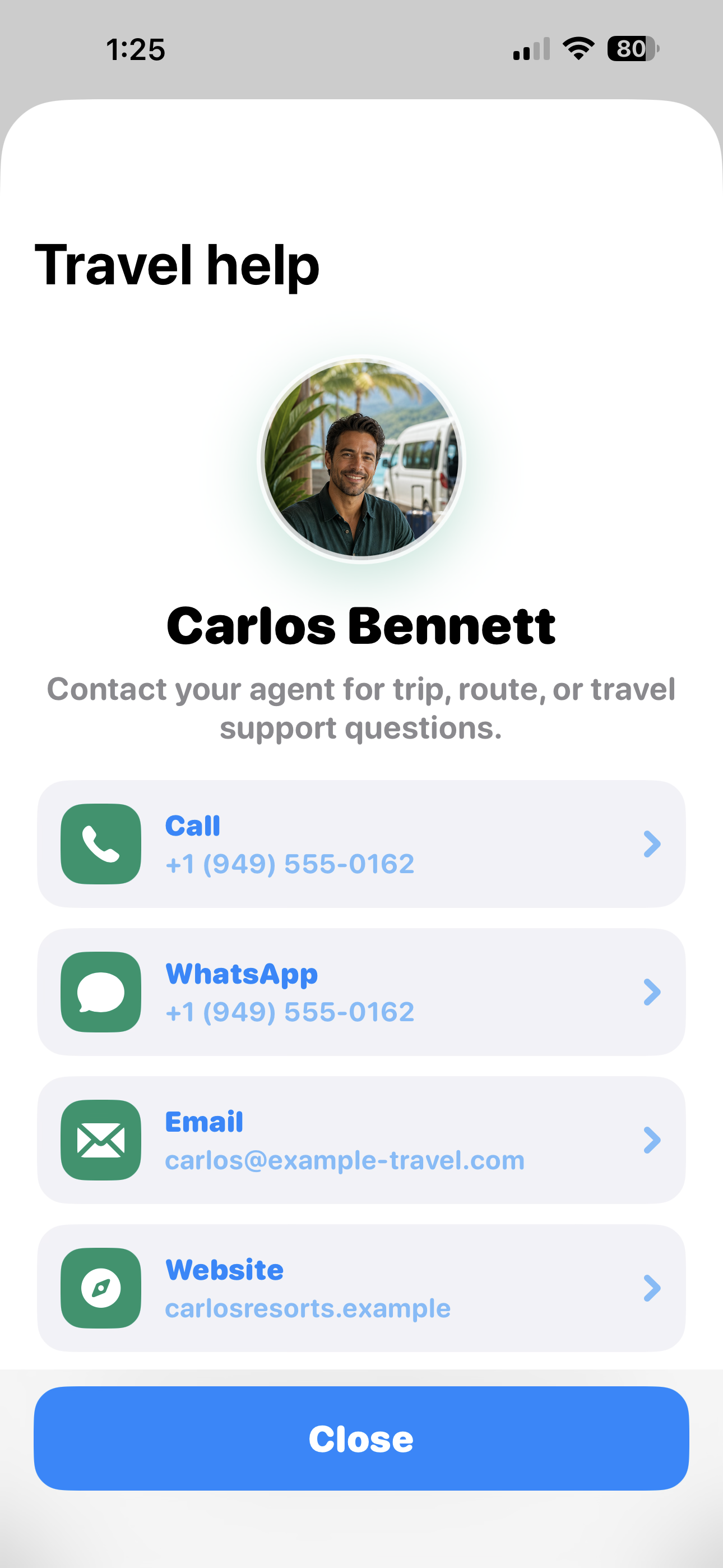 Carlos Bennett travel help contact screen