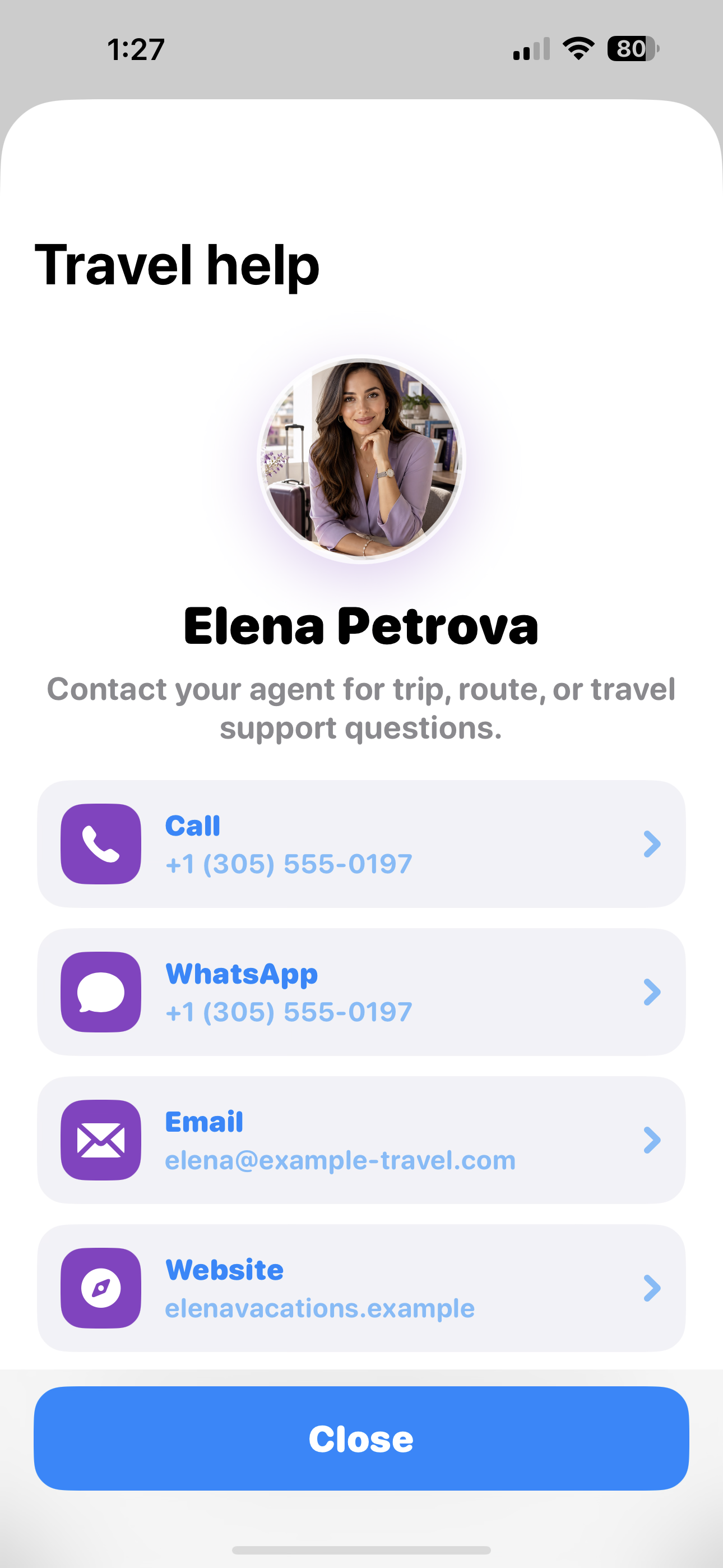 OneTap Speak travel help screen with agent contact options