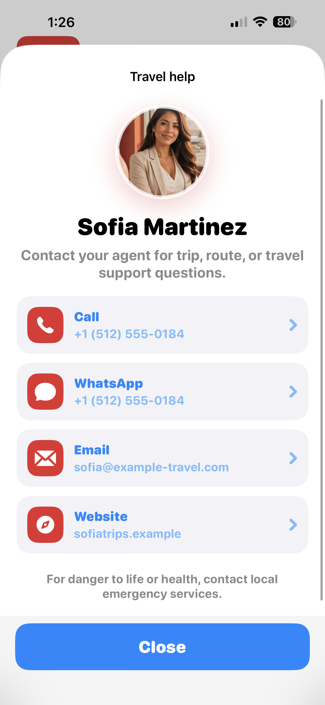 Sofia Martinez travel help contact screen