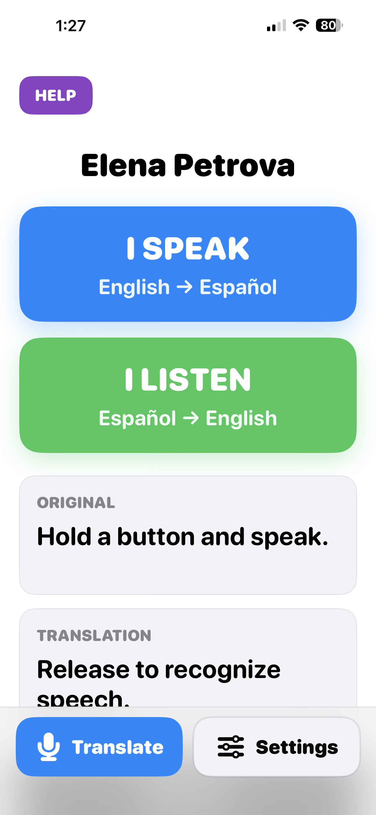 OneTap Speak home screen with Elena Petrova branding