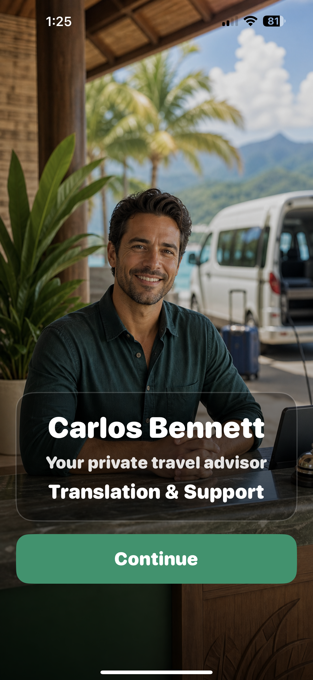 Branded splash screen for Carlos Bennett, a private travel advisor